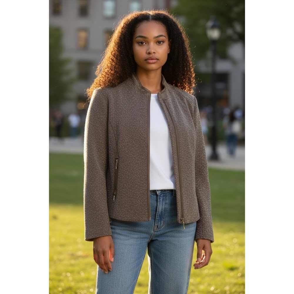 SAG HARBOR Petite Jacket‎ Zip Front Pockets Textured Brown Size 10P